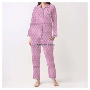 Conjunto de pijama bohemio e hippie de manga larga para mujer, Primavera/Verano Indio, Floral/personaje/letra/patrón/vacaciones/patrón de árbol de coco - Product Image 1