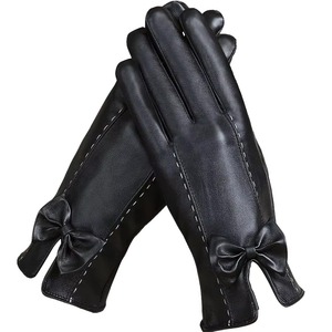 Gants d'hiver/printemps/automne en cuir noir écologique pour femme avec écran tactile, détail nœud, longueur poignet, doublure en laine, style élégant - Product Image 1