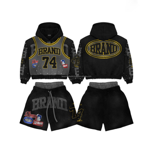 2026 Custom Puff Print Logo Women Two Piece Hoodie <b>Set</b> Cut <b>Sew</b> Cotton Joggers Sun Faded Cropped Hoodie and Short <b>Set</b> - Product Image 1