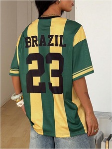 Maillot de football en mesh pour femmes du Brésil, col en V, manches courtes, respirant, coupe ample, impression des numéros d'équipe, vêtements de sport toutes saisons - Product Image 3