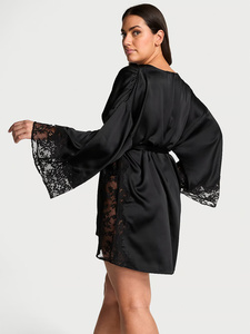 Women's <b>Black</b> Satin <b>Wrap</b> Robe Full Sleeve V-Neck Short Dress Elegant Sleepwear - Product Image 3