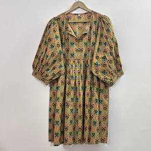 Vestido Midi Casual de Algodón Tejido Liso para Mujer, Manga Corta, Cintura Imperio, Estilo Babydoll, Oversize, Cuello en V, Ajuste Holgado, Uso Diario - Product Image 1