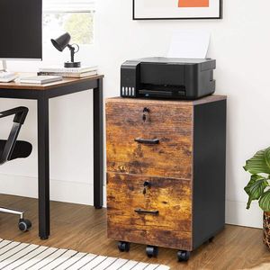 Armadietto Portadocumenti in Legno Marrone e Nero con 2 Cassetti e Ruote, con Serratura - Product Image 2