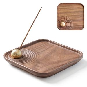 Japandi Walnut Wood Incense Holder Minimalist Curved Square Timber <b>Tray</b> Abstract Ripple Aromatherapy Brass Ball <b>Catch</b> Basin - Product Image 2