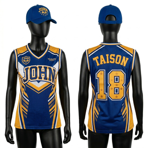 Jersey de animadora premium de malla de poliéster de 160 GSM, diseño de paneles azules y dorados, transpirable, con logotipo bordado personalizado y termoadhesivo. - Product Image 1