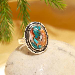 Elegant <b>925</b> Sterling <b>Silver</b> Fine Wedding Band <b>with</b> Natural Pink Spiny Oyster Copper Turquoise Filigree Oval Gemstone <b>Ring</b> - Product Image 3