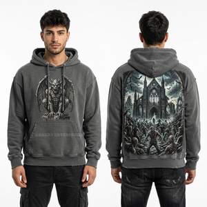 Sweat-shirt à capuche gris anthracite personnalisé pour homme, imprimé statue de gargoyle gothique, graphique Horde de zombies de cathédrale sombre, streetwear oversize - Product Image 1