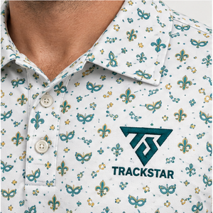 Camiseta Polo Trackstar para Hombre, Color Crema Teal Dorado, con Estampado de Máscara de Carnaval, Manga Corta, Cuello con Botones, Camiseta de Golf con Logotipo Personalizado - Product Image 6
