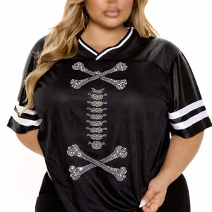 Camiseta de fútbol americano de malla con gráfico de esqueleto y pedrería de lujo para mujer, de manga corta, transpirable, oversize, estilo streetwear, al por mayor - Product Image 5