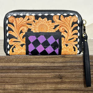 Wholesale Handcrafted Genuine Tooled Leather Sunflower Checkered Design Stylish Mini Purse Cash Card Holder Wallet Daily Use - Product Image 5