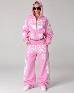 ONETEN APPAREL <b>Women's</b> <b>Pink</b> Hooded <b>Tracksuit</b> Set Full Zipper Rhinestone Logo Streetwear Sweatshirt Pants Regular Winter Printed - Product Image 1