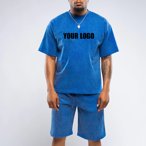 Men Summer Two-Piece <b>Set</b> 100% Cotton Crew Neck T-Shirt & Shorts Solid Blue Casual Wear Customizable Logo Front Print and sale - Product Image 3