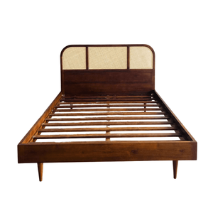 WoodgrandLiving Mid Century Eris Modern <b>Queen</b>/King <b>Size</b> Teak-Wood Rattan Headboard Solid Wood Platform <b>Bed</b> Frame Hotel Bedroom - Product Image 5