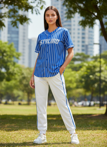 Styliro <b>Baseball</b> Jersey Men's Blue Pinstripe Short Sleeve Polyester Breathable Regular Fit With Elastic Waist Pants Set - Product Image 5