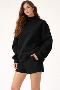 Premium Women's Winter Seasons Casual Mockneck Solid Loose Sweatshirt Daily Wear Shorts <b>Set</b> Breathable Wholesale Cheap Price - Product Image 6