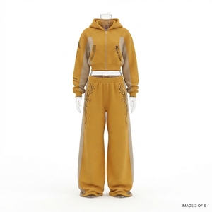 Custom <b>Women</b> Cropped Zip Up Hoodie and Wide Leg <b>Sweatpants</b> Two Piece Contrast Color Rhinestone Tracksuit Set - Product Image 4