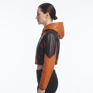 Female Leather <b>Cropped</b> Hood With <b>Zip</b>-<b>Up</b> Women Leather Long Sleeve Short Hoodie Women Leather Manufacturer Crop Hooded - Product Image 3