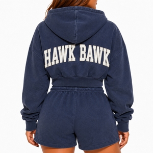 Custom Women's Zip Up Crop Hoodie Shorts <b>Set</b> Zip Hoodie Matching <b>Set</b> Comfort Fit Custom Two Piece <b>Set</b> For Women Crop Hoodie - Product Image 2