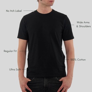 Camiseta de Algodón Lisa Negra para Hombre, Cuello Redondo, Manga Corta, Corte Regular, Color Sólido, Tejido Jersey Informal - Product Image 2
