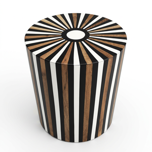 Taburete Decorativo con Incrustaciones de Resina en Rayas Negras, Blancas y de Madera, Hecho a Mano, Personalizado, OEM, ODM, DECORYUG - Product Image 1