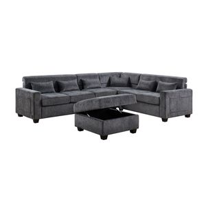Divano Sezionale Trey 115"W in Ciniglia Grigia con Schienale Regolabile, Porte di Ricarica, Pouf Contenitore Trapuntato e Cuscino Decorativo per Soggiorno - Product Image 2