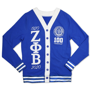 Cardigan universitaire Zeta Phi Beta 1920 pour femme, bleu et blanc, boutonné, en tricot, style veste de sororité avec poches - Product Image 1