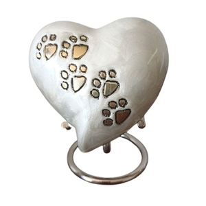 Urna Conmemorativa de Latón Personalizada con Forma de Corazón y Huella de Pata, Urnas de Metal Blanco Perla para Mascotas, Gatos y Perros - Product Image 1