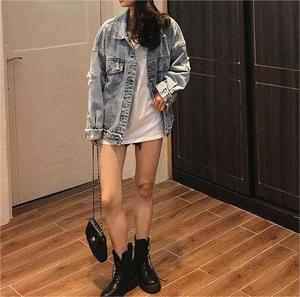He She Wears Women's <b>Denim</b> <b>Jacket</b> Eco-Friendly Breathable Contrast Color Shoulder Patches Button Front Long Sleeve - Product Image 5