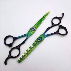 Ensemble professionnel de ciseaux de coiffure pour gauchers, ciseaux à effiler motif paon en acier inoxydable 440C, peigne de coupe de barbier tranchant - Product Image 3