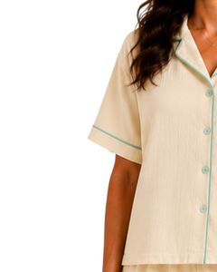 Customized Beige Women Pajama Set Short Sleeve Button Down Nightwear Soft Breathable Summer Sleepwear Casual Lounge Set - Product Image 4
