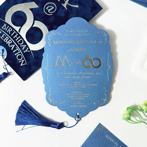 Custom <b>Embossed</b> Birthday Invitation <b>Card</b> Blue Velvet Die Cut Design with Tassel Decor for Wedding - Product Image 4