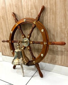 Maritime <b>Wooden</b> Ship <b>Wheel</b> Wall Decor Polished Brass Hub Nautical Anchor Wall Hanging for Home Office - Product Image 2