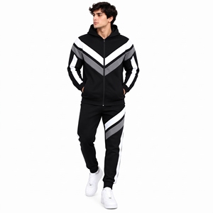 Ensemble de survêtement noir à chevrons pour homme, veste de sport à capuche entièrement zippée et pantalon de jogging fuselé avec design color block blanc et gris - Product Image 1