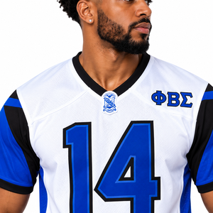 Camiseta de Fútbol Americana para Hombre Phi Beta Sigma, Blanca y Azul Rey, 100% Algodón, Número 14, Manga Corta, Escudo con Letras Griegas - Product Image 5