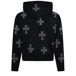 Conjunto de chándal para hombre negro con cremallera completa, patrón de diamantes de imitación cruzados, sudadera con capucha estilo streetwear y pantalones jogger, conjunto casual de dos piezas - Product Image 3