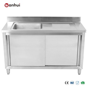 Wholesale Commercial <b>Kitchen</b> Equipment Stainless Steel Sink <b>Cabinet</b> with Sliding Doors and Single Bowl Drainboard Table - Product Image 2