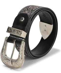 Ceinture de cowboy western haut de gamme en cuir de vache pour homme – Motif géométrique gaufré, boucle argentée gravée, robuste, personnalisable, style vintage - Product Image 2