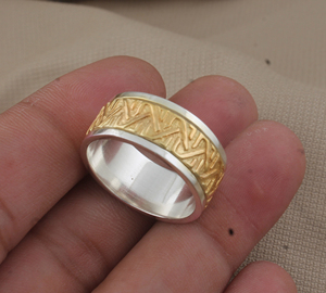 Luxury 925 Sterling <b>Silver</b> and Brass Mixed Metal Band <b>Ring</b> Handmade Two-Tone Textured <b>Statement</b> Band High-Quality Band <b>Ring</b> - Product Image 5