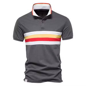 Polo à manches courtes en tricot rayé gris pour homme, style décontracté, design bicolore - Product Image 1