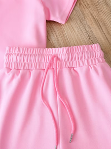 Women Summer High Quality 2 Piece Pink Sporty Shorts Set Short Sleeve Turn-down Collar Crop Top Knee Solid Breathable Knitted - Product Image 6