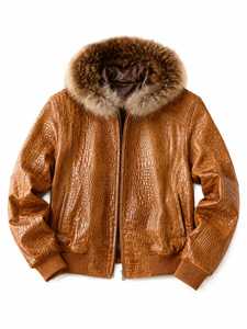 Chaqueta Bomber de Cuero PU Marrón Repujado para Hombre con Capucha de Piel, Estilo Motociclista, Resistente al Viento, para Invierno - Product Image 1
