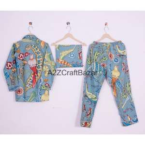 ชุดนอนผ้าฝ้าย 100% สไตล์โบฮีเมียน โรแมนติก นุ่มลื่น ชุด 2 ชิ้น สำหรับผู้หญิง เสื้อและกางเกง - Product Image 4