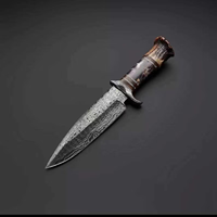 Cuchillo Bowie de Hoja Fija de Acero de Damasco de Grado Industrial Pasha Enterprises con Mango de Asta de Ciervo, Multifuncional para Camping al Aire Libre, ODM OEM