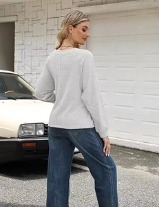 Suéter Gris de Punto para Mujer, Manga Larga, Cuello Redondo, Detalle de Lazo, Estilo Casual Otoñal, Color Sólido, Transpirable - Product Image 2