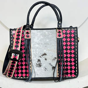 Conjunto de 2 Piezas: Bolso Tote de Cuero Genuino a Cuadros y Cartera de Mano de Cuero Vacuno Grabado a Mano, Novedad 2026 - Product Image 4