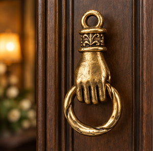 Sonnette de porte Heritage en bronze doré avec détails ornés et poignée circulaire pour entrées classiques - Product Image 4