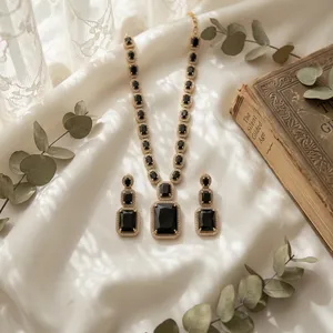 Conjunto de Collar y Pendientes de Aleación de Zinc con Ónix y Diseño Geométrico de Eslabones, Imitación de Perlas, Corte Esmeralda, para Mujer - Product Image 1