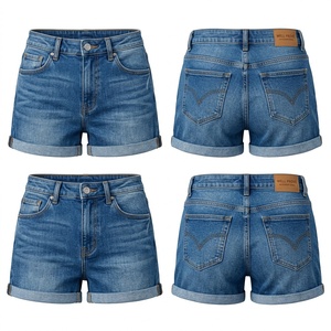 Shorts en jean stretch en coton premium pour femme, 340 GSM, écologiques, taille mi-haute, gris anthracite, finition délavée et usée, décontractés - Product Image 5