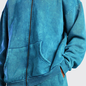 Custom Breathable Men's Oversized Acid Wash <b>Zip</b> Hoodies Heavyweight Cotton Fleece Solid Color Casual Hooded Sweatshirt - Product Image 5
