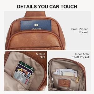 Elegante bolso bandolera para mujer en suave cuero marrón con correa ancha tejida de estilo étnico y múltiples bolsillos con cremallera. - Product Image 3